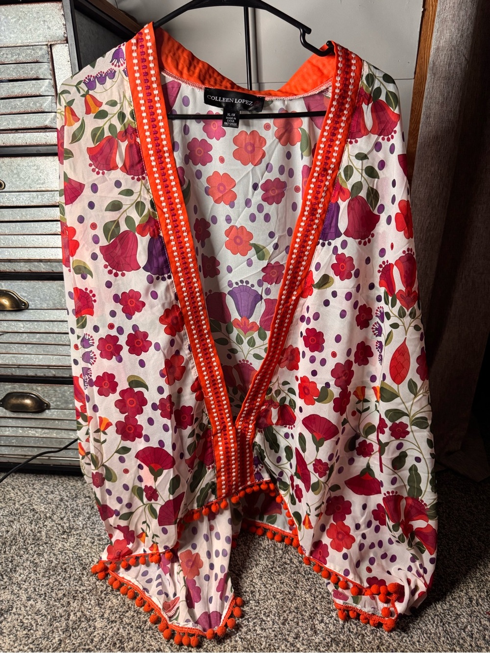 Colleen Lopez White Floral Pom-Pom Kimono with Red & Purple Accents